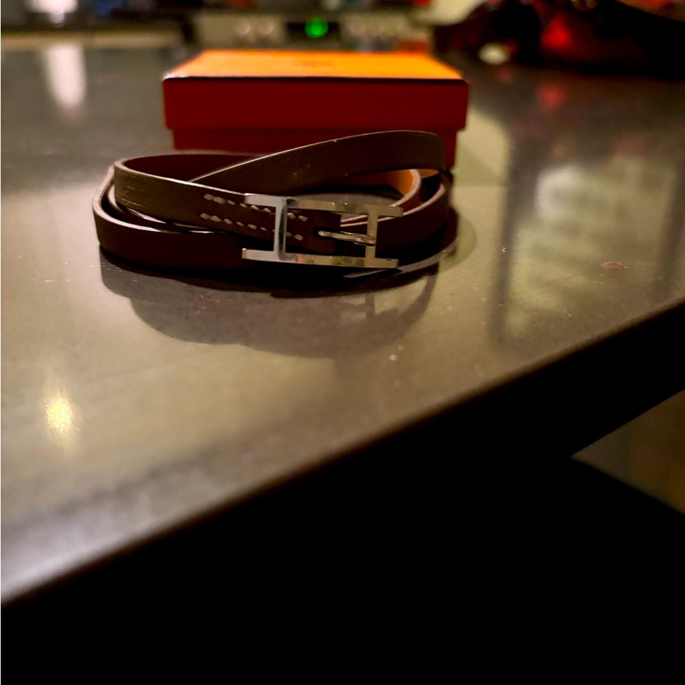 Hermes Men’s Brown Leather Belt Behalpi Bracelet with Silver Buckle